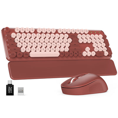 Sablute wireless keyboard and mouse combo with retro typewriter round keycap ergonomic typing angle ideal for home office students and cute desk accessories CE1555 Wine Red
