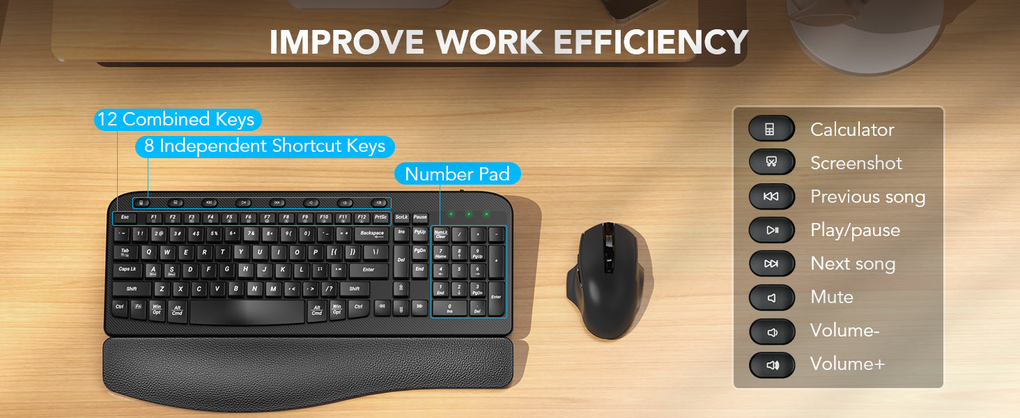 Sablute ergonomic wireless Keyboard and mouse set with shortcut keys on a wooden desk