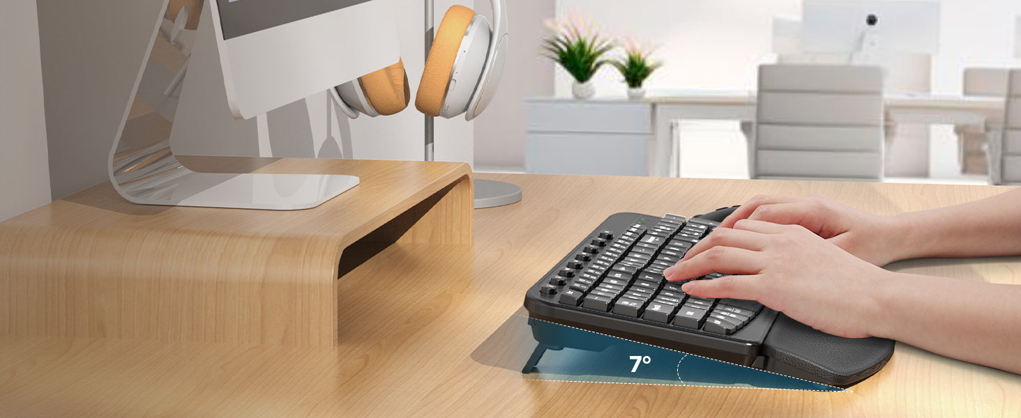 A computer with a Sablute wave keyboard on a desk, featuring a typing angle labeled '7°'.