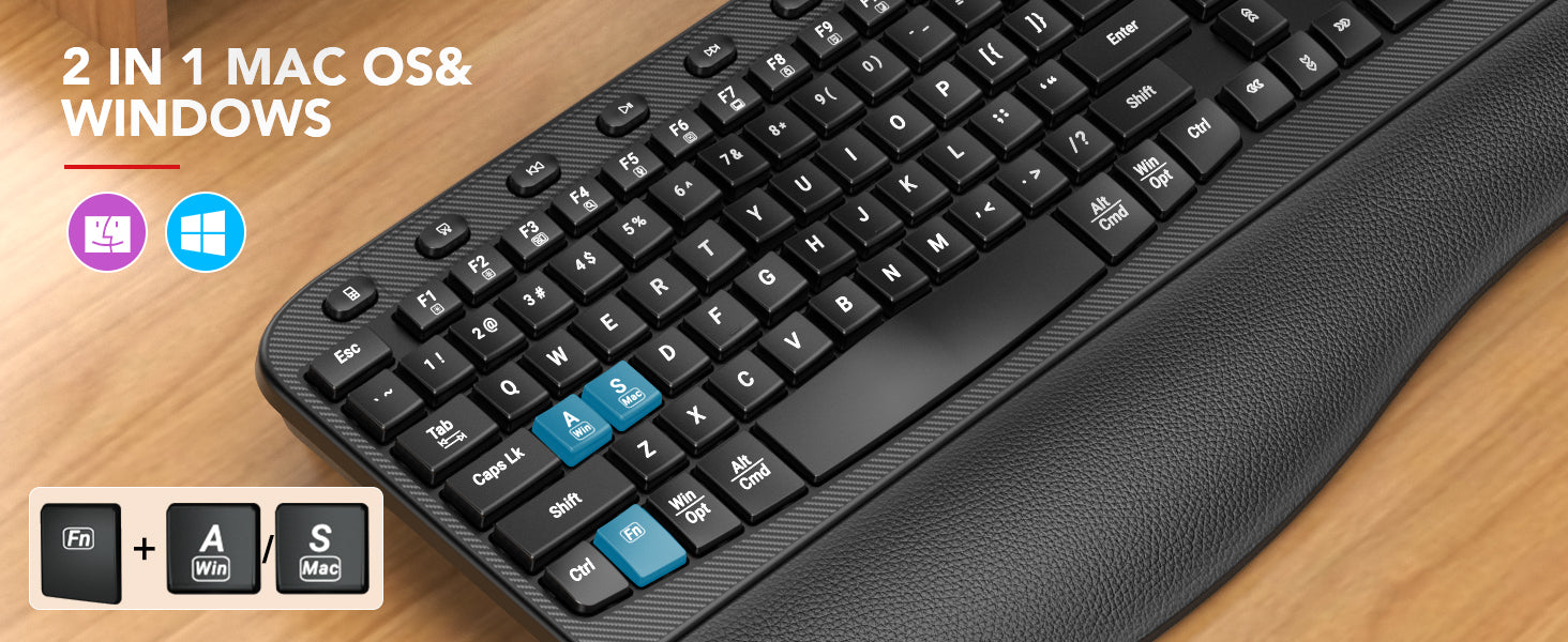 Sablute MA12 Black keyboard and mouse set with key labels on a wooden surface, featuring text about compatibility with Mac OS and Windows.