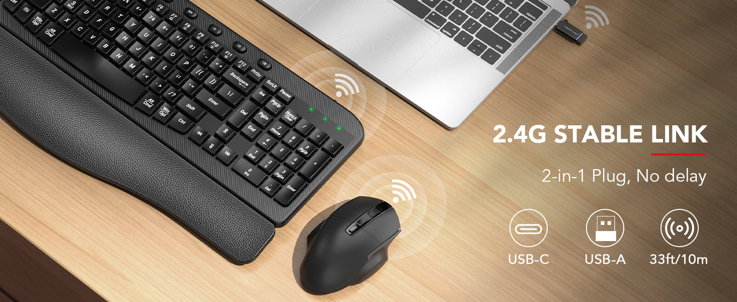 Sablue wireless Keyboard and mouse, and laptop on a desk with 2.4G stable link text.