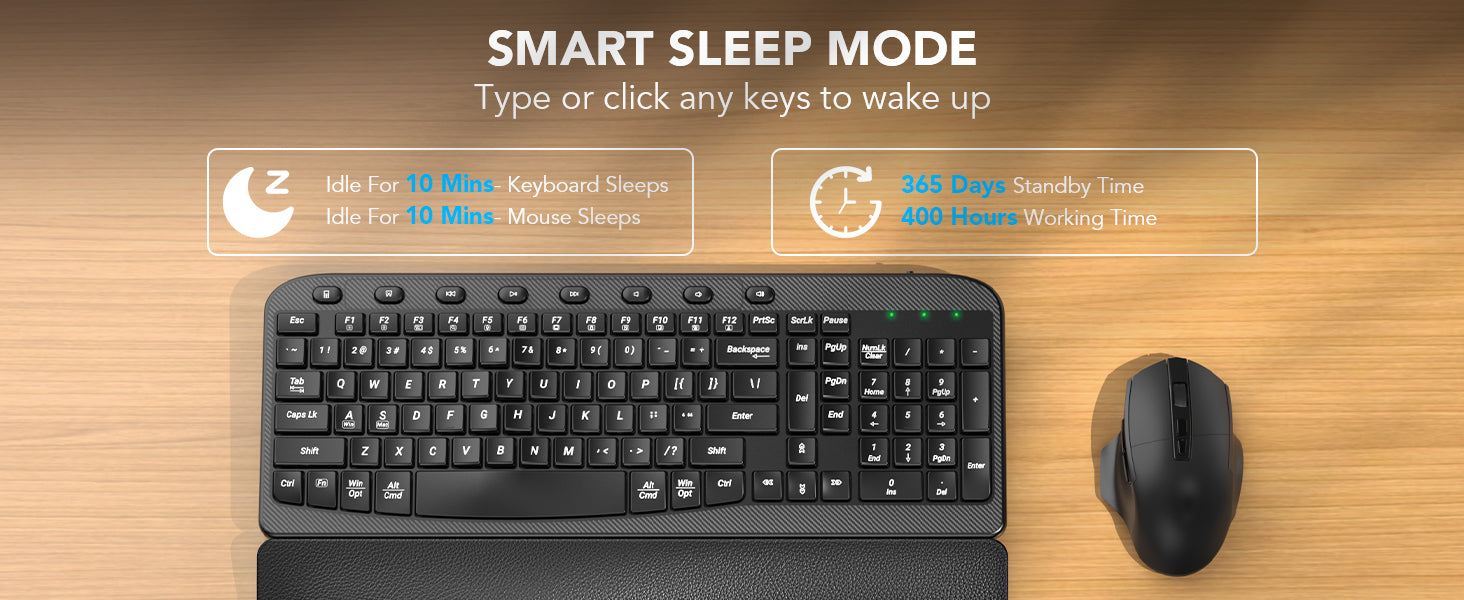 Sablute ergonomic Keyboard and mouse set with smart sleep mode feature on a wooden surface
