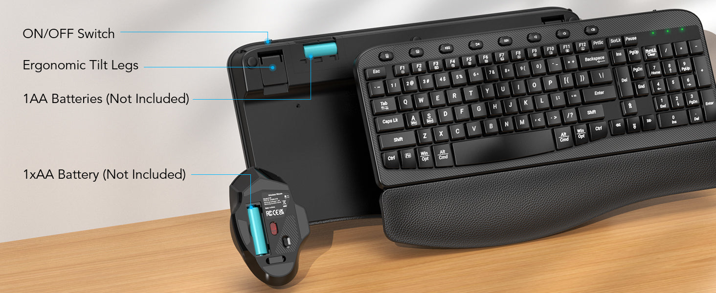Sablute Ergonomic keyboard and mouse combo with wrist rest, tilt and batteries.