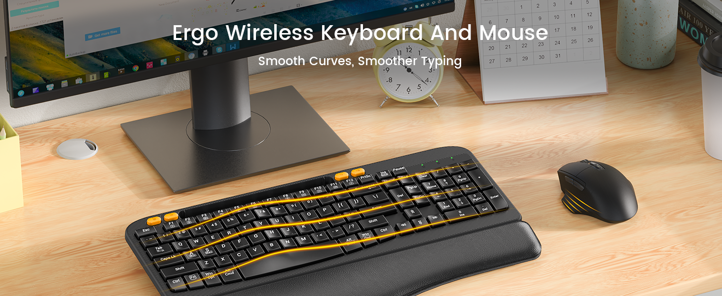 Sablute ergonomic keyboard and mouse set on a desk with a computer monitor in the background.