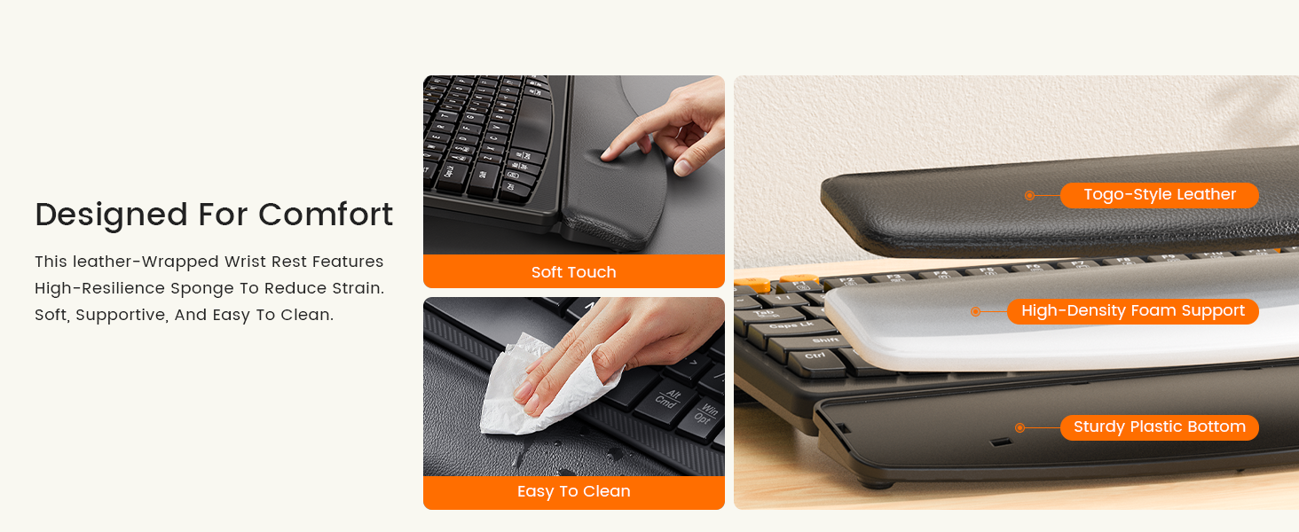 Sablute MA22 Plus keyboard with leather-wrapped wrist rest and high-density foam support, featuring text on comfort and features.