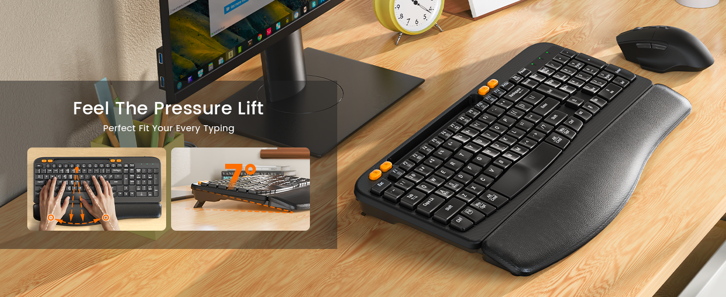 Sablute ergonomic keyboard and mouse on a desk, wave keyboard with adjustable typing angle