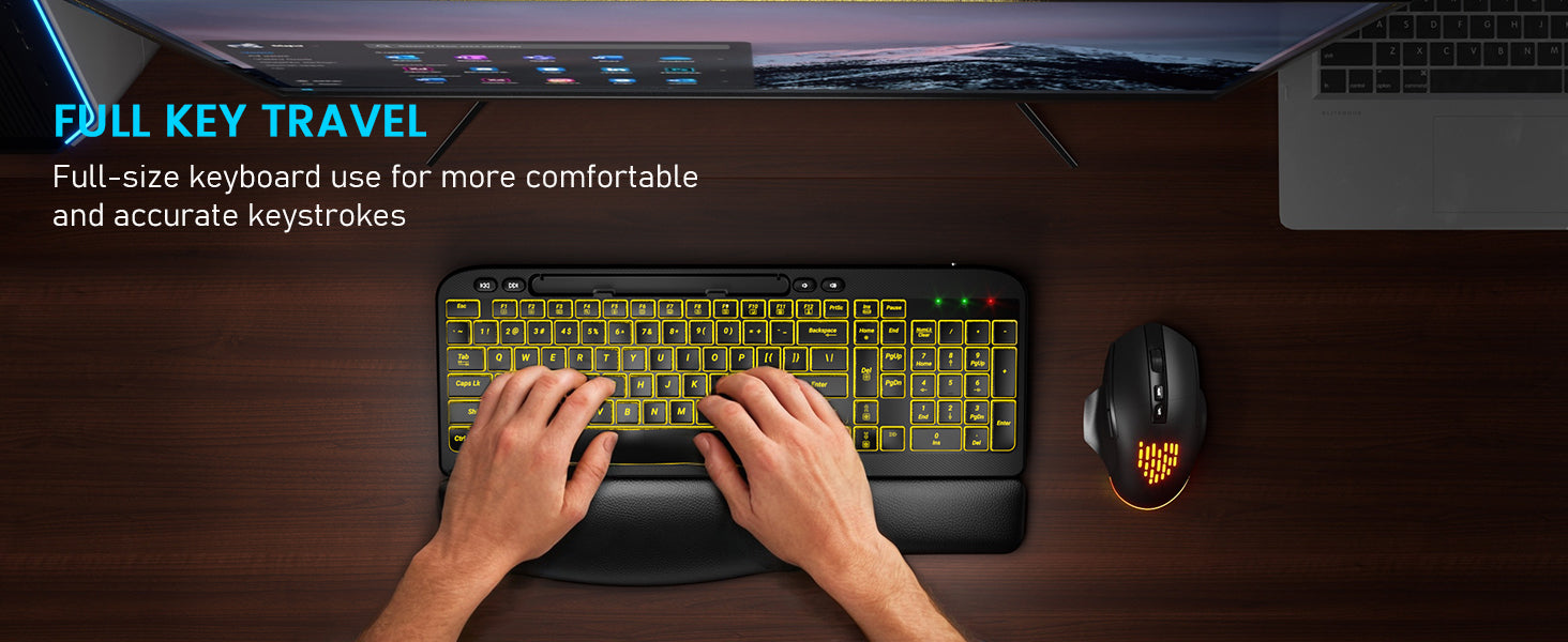 Sablute full-size keyboard and wireless mouse with a monitor on a desk, emphasizing comfortable keystrokes.