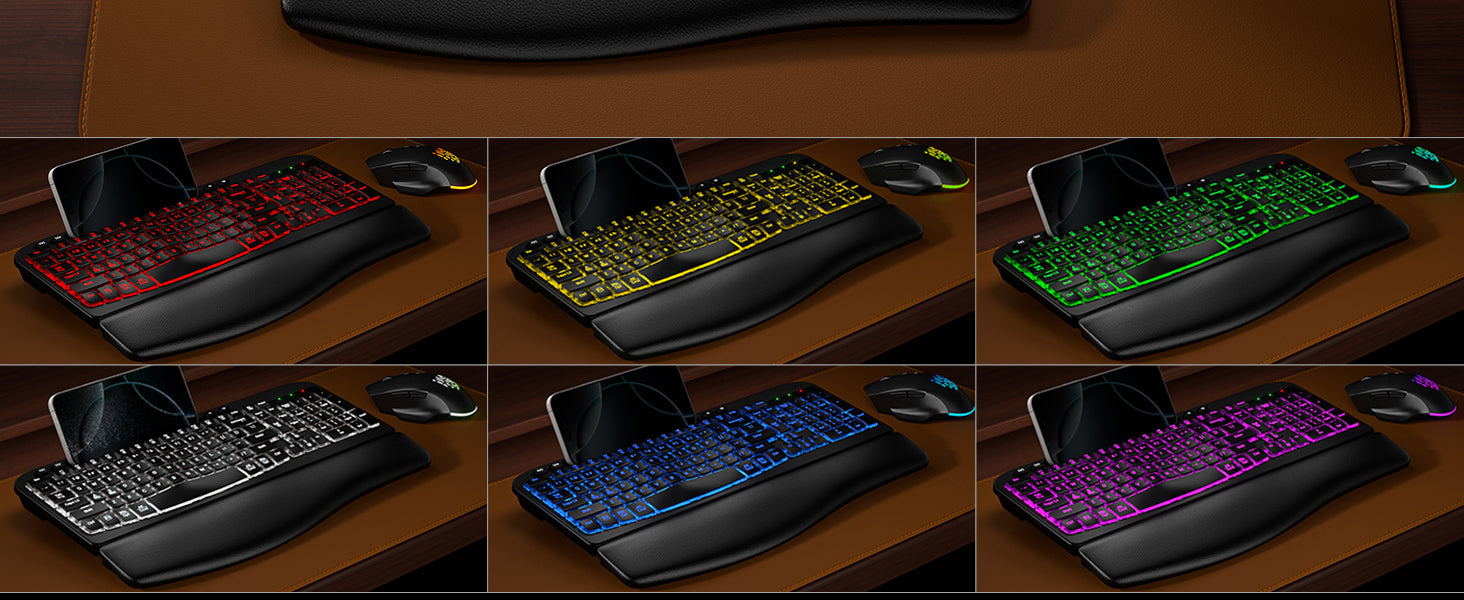 Collage of Sablute keyboards and mouses with different backlight on a wooden surface.