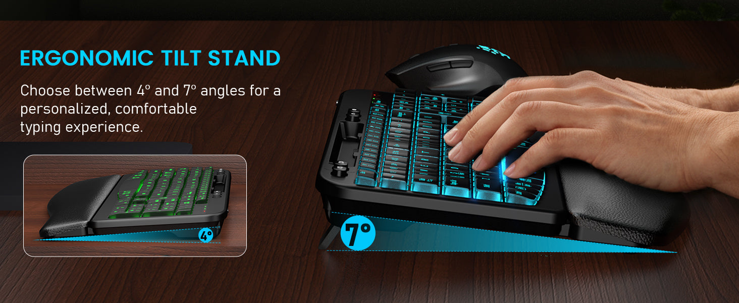 Sablute Ergonomic keyboard with adjustable tilt stand and backlit mouse on a wooden surface