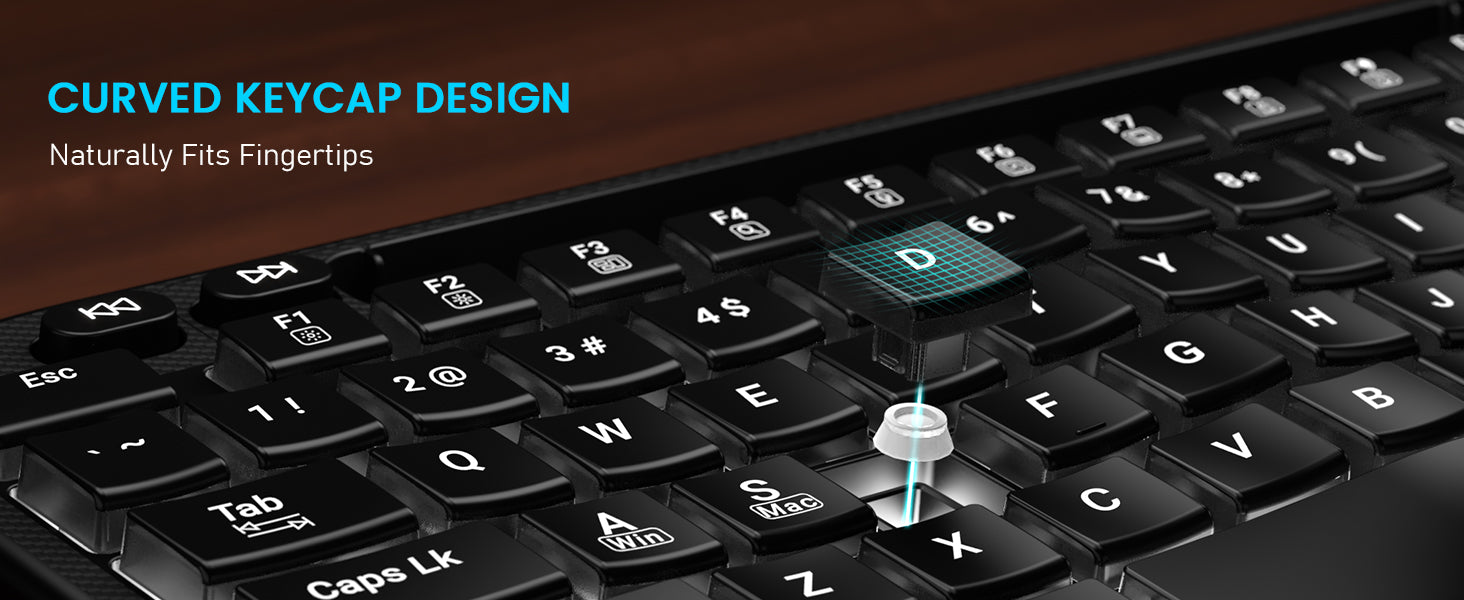 Sablute Keyboard with curved keycap design fits fingertips naturally on a dark surface