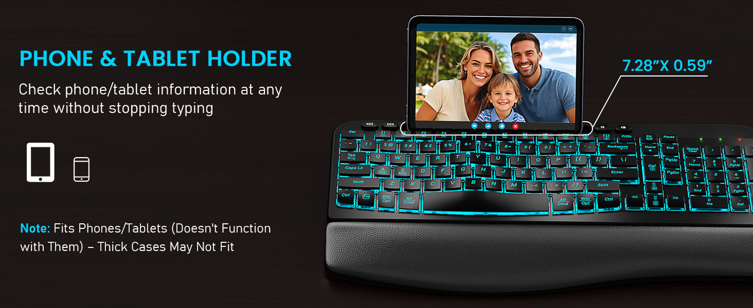 Sablute wireless Keyboard with phone and tablet holder displaying a family photo on a black background