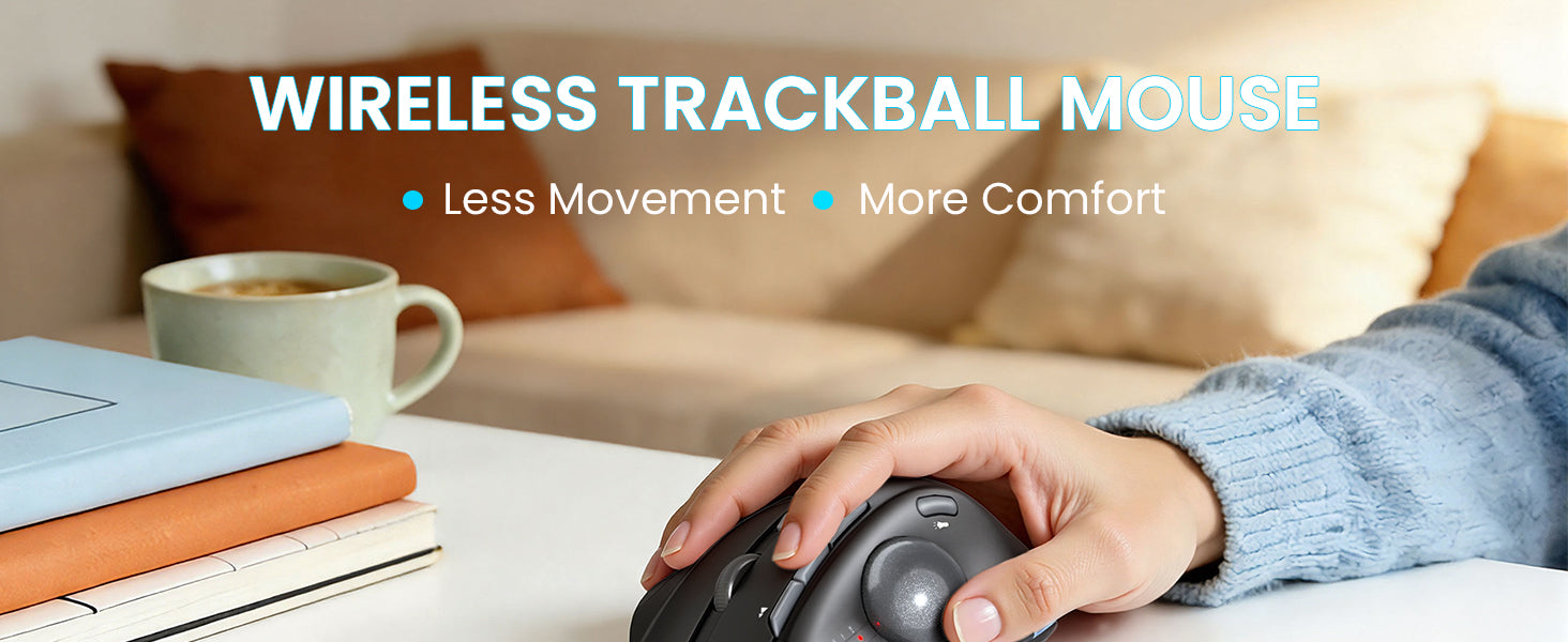 Sablute wireless trackball mouse on a desk with laptop and pen, featuring 2.4G USB receiver.
