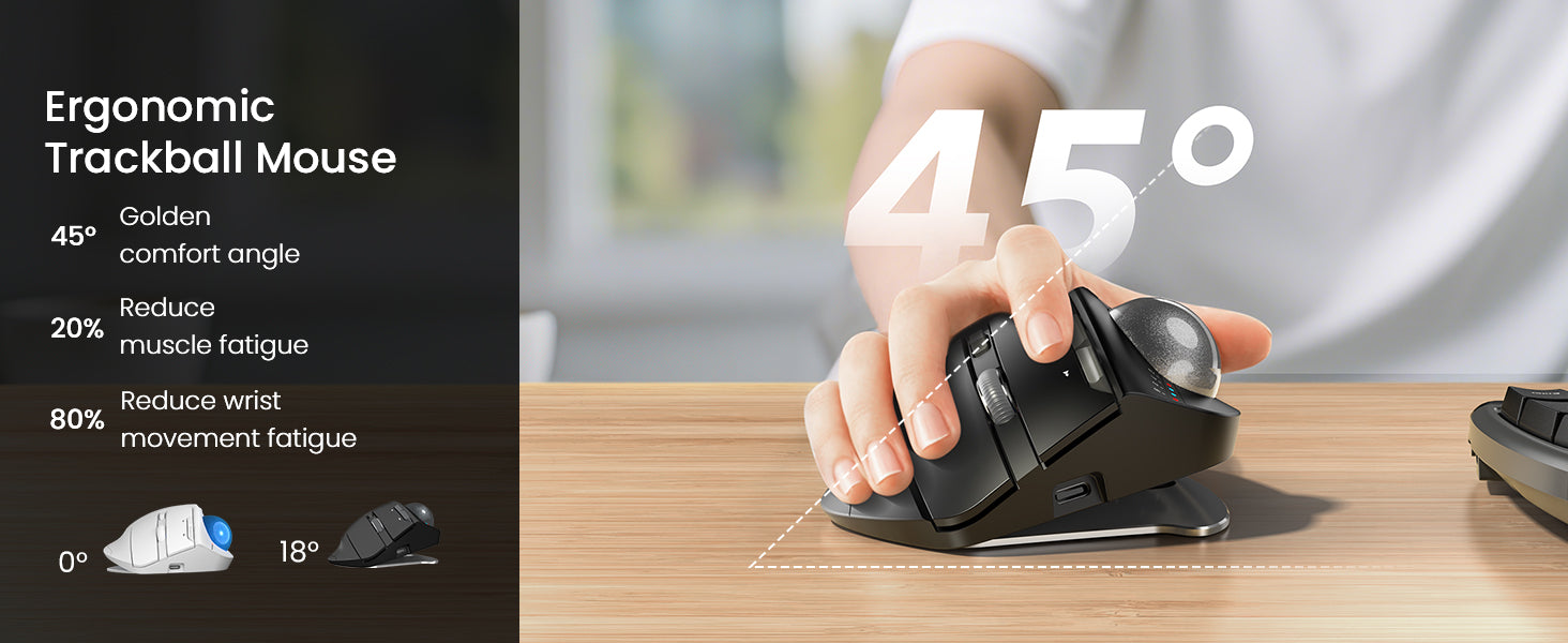 Sablute wireless ergonomic trackball mouse with golden comfort angle of 45°
