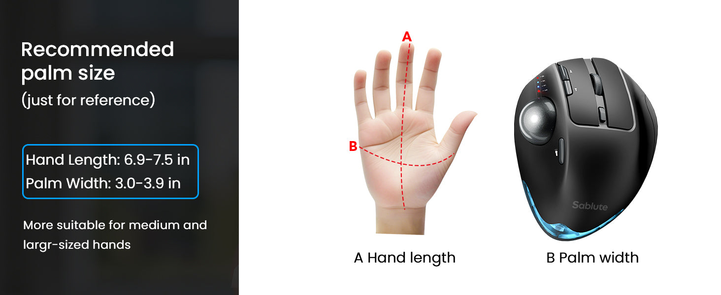 Hand measurement chart with recommended palm size for a Sablute ergonomic trackball mouse MAM1PRO, showing hand length and palm width.